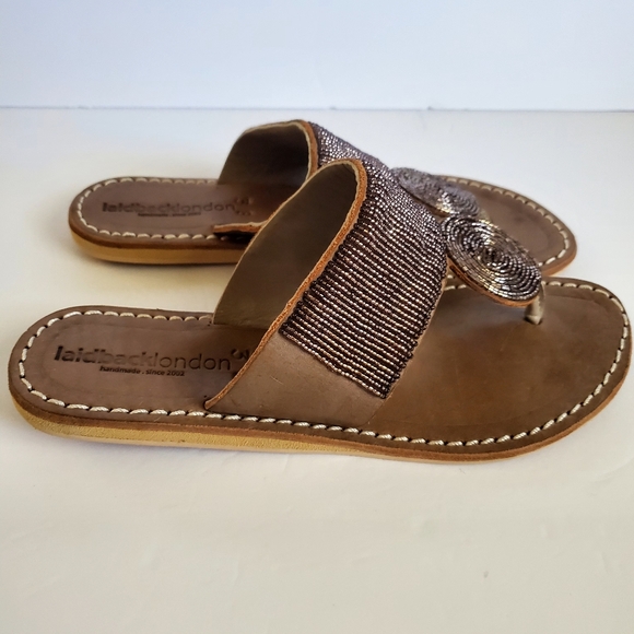 Laid Back London Women's Brown Beaded Leather Toe-Post Sandals Sz.8 - Picture 3 of 10